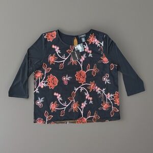 NWT‎ Liz Claiborne Career Black Embroidery Midnight Caravan Top Womens XL